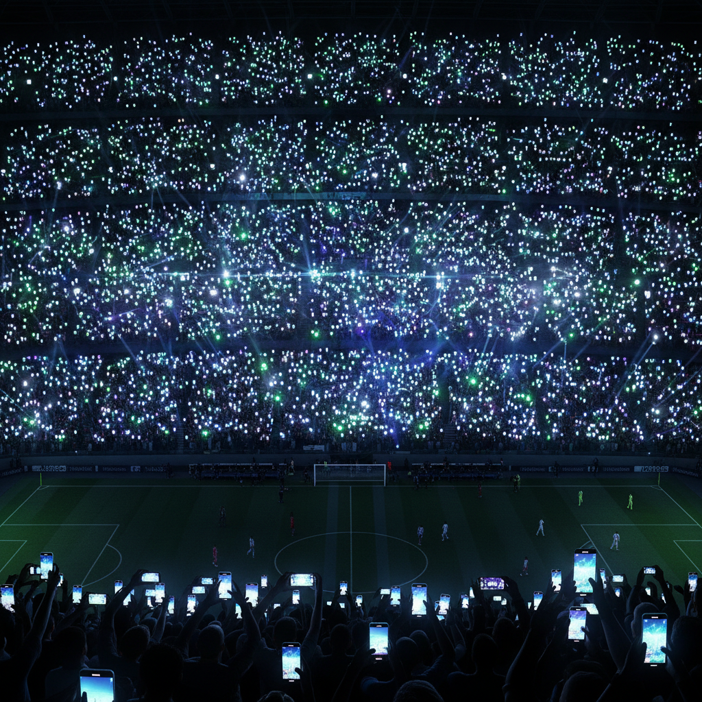 Imagem aérea de um estádio de futebol lotado, ilustrando o conceito de turismo esportivo e a necessidade de conectividade.
