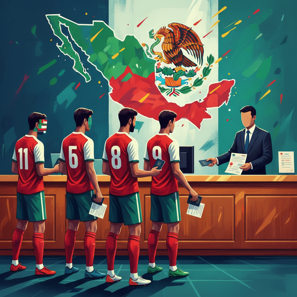 Seleção iraniana recebendo vistos, com mapa do México e bola de futebol ao fundo