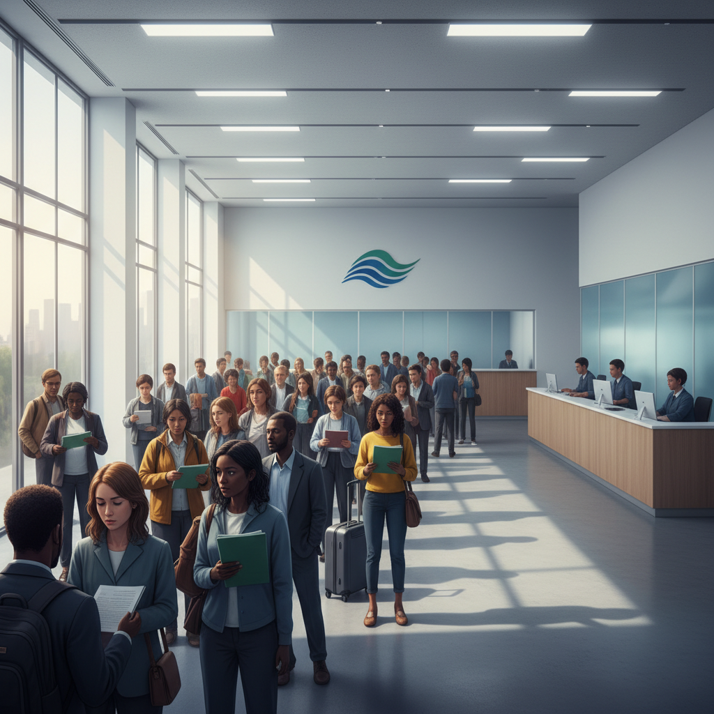 Fila de pessoas no balcão da agência de imigração para solicitar vistos em Portugal, ilustrando o aumento da demanda em 2026.