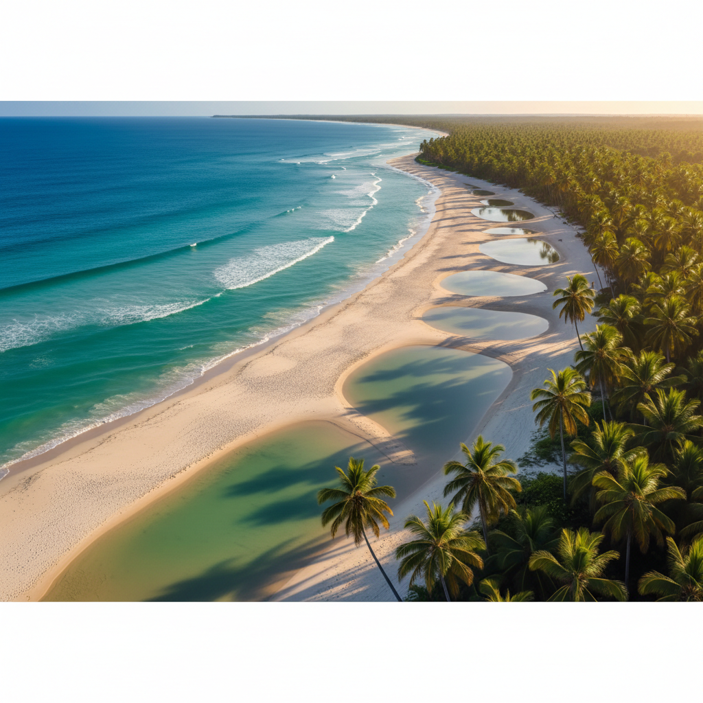 Vista aérea da praia de Japaratinga em Alagoas, ilustrando o potencial do turismo em Japaratinga 2026.