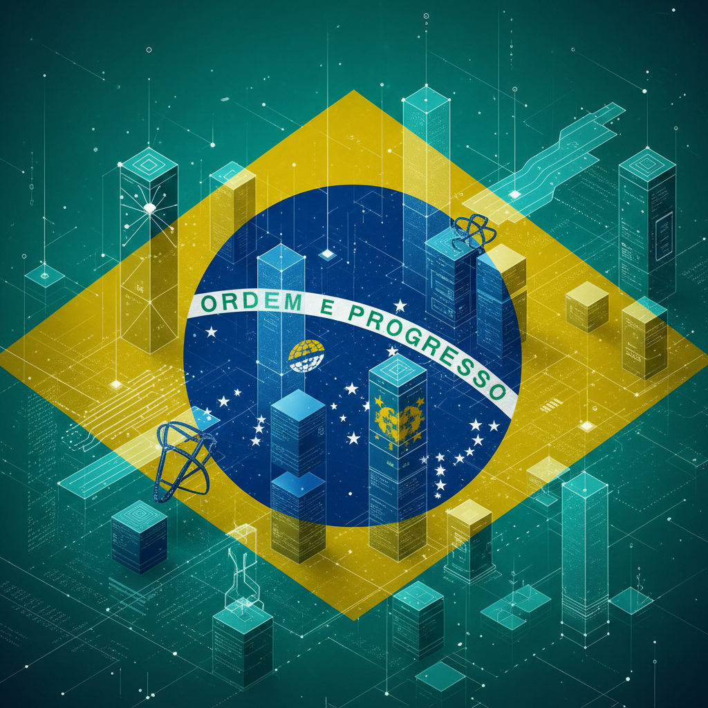 Representação abstrata de inteligência artificial processando dados estruturados no contexto brasileiro