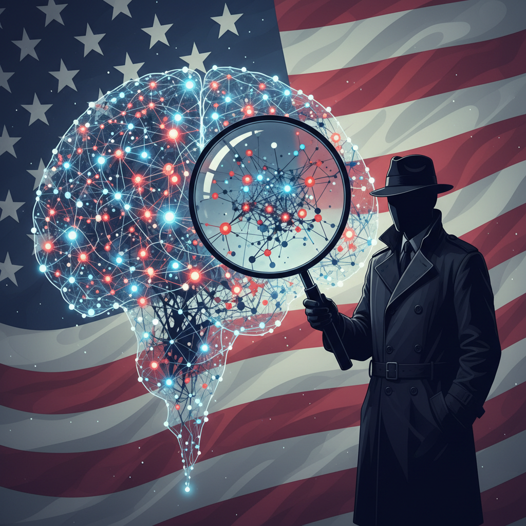 Ilustração da revisão de IA pelo governo dos EUA, mostrando uma rede neural sendo inspecionada.