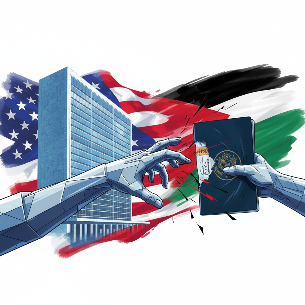 Ilustração da crise de vistos entre EUA e Palestina na ONU, mostrando um passaporte e o prédio da ONU.